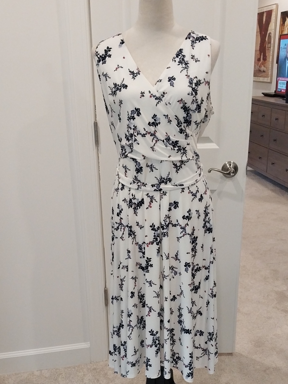 Ralph Lauren White Midi Dress with Navy Floral Motif